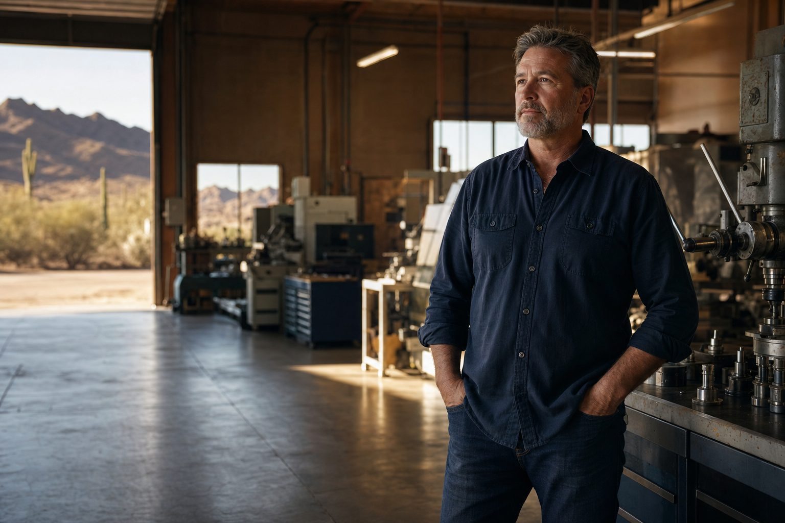 Business owner in a sunlit Arizona manufacturing workshop