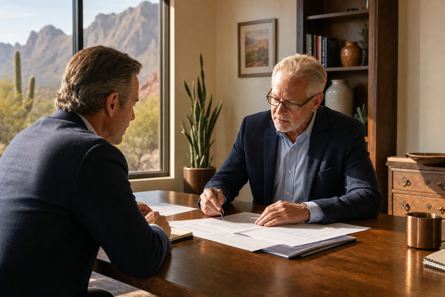 Business owner and advisor reviewing financial documents in a private office