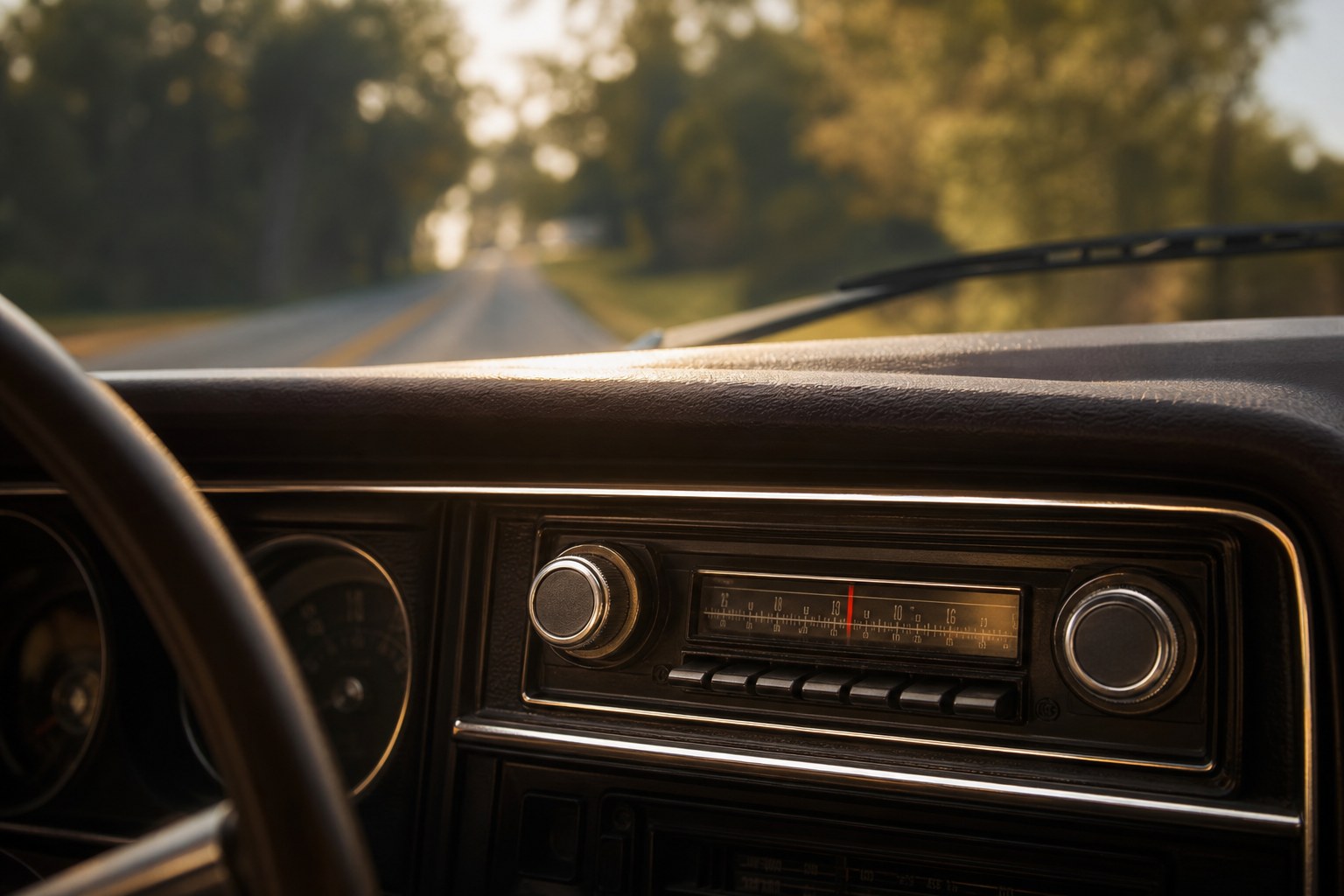 Vintage car radio on a tree-lined southern road