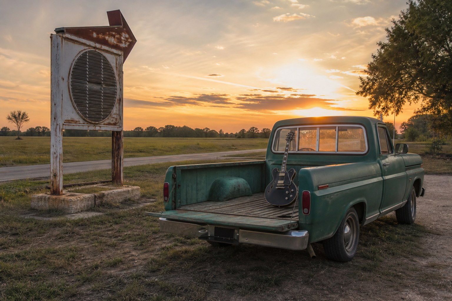 Vintage pickup truck and electric guitar beside a southern roadside radio sign at sunset