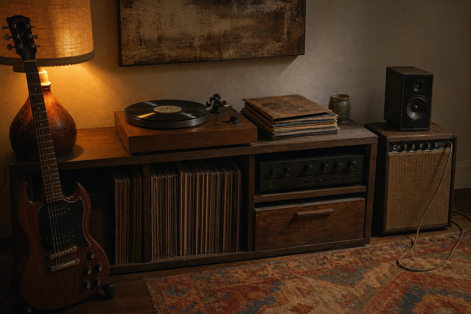 Turntable, records, guitar, and stereo in a warm listening room