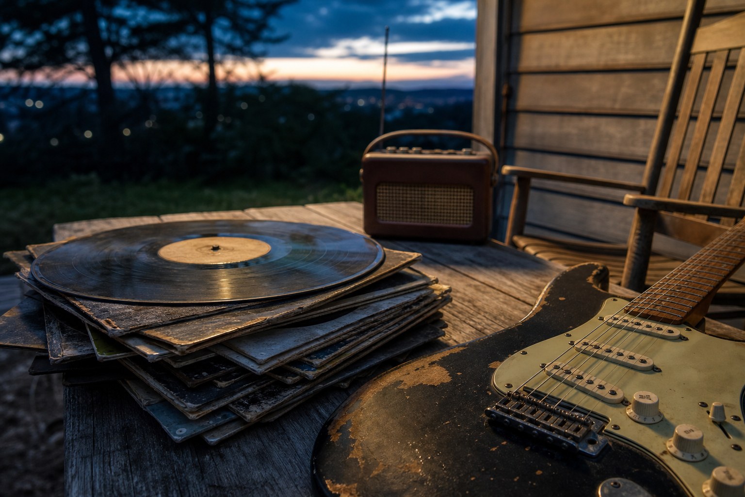 Vinyl records, portable radio, and a worn electric guitar on a porch at dusk