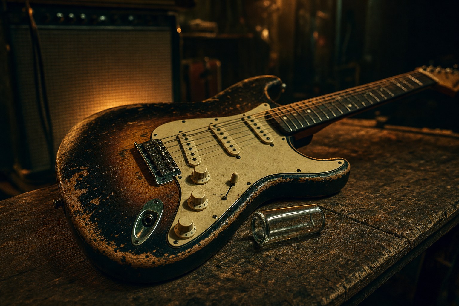 Worn electric guitar and guitar slide beside a glowing vintage amplifier