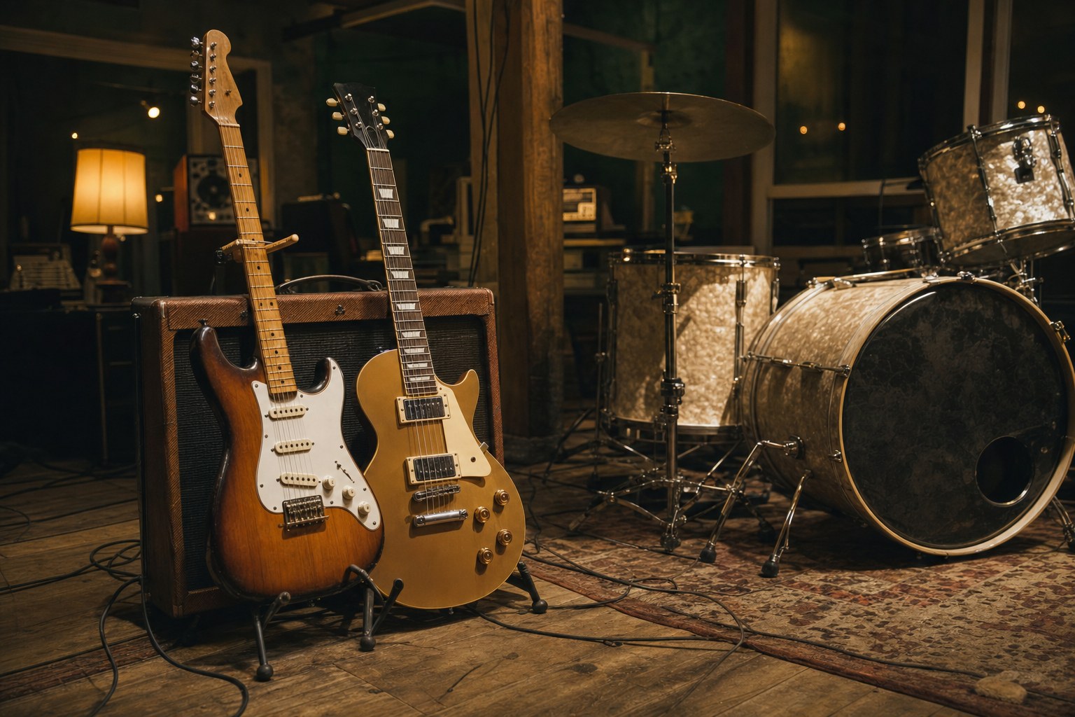 Two electric guitars, drum kit, and amplifiers in a rehearsal room