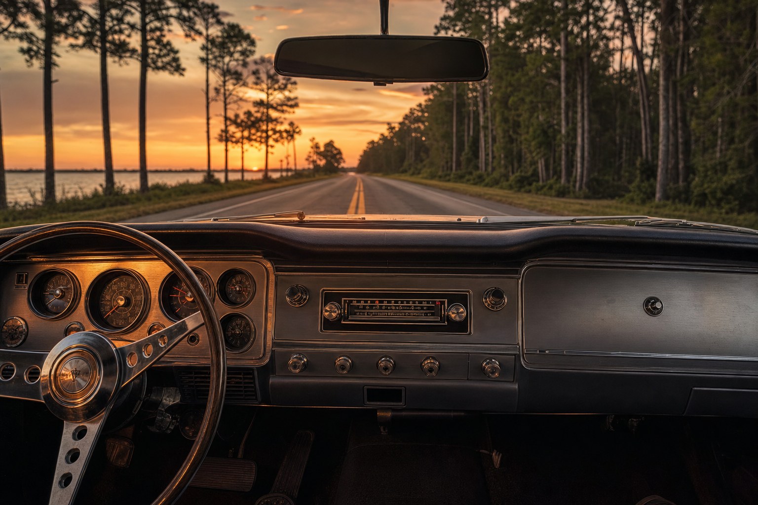 Vintage car radio and a Florida road at dusk
