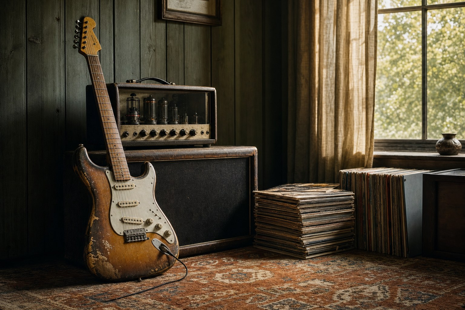 Electric guitar, tube amplifier, and vinyl records in a warm Southern listening room