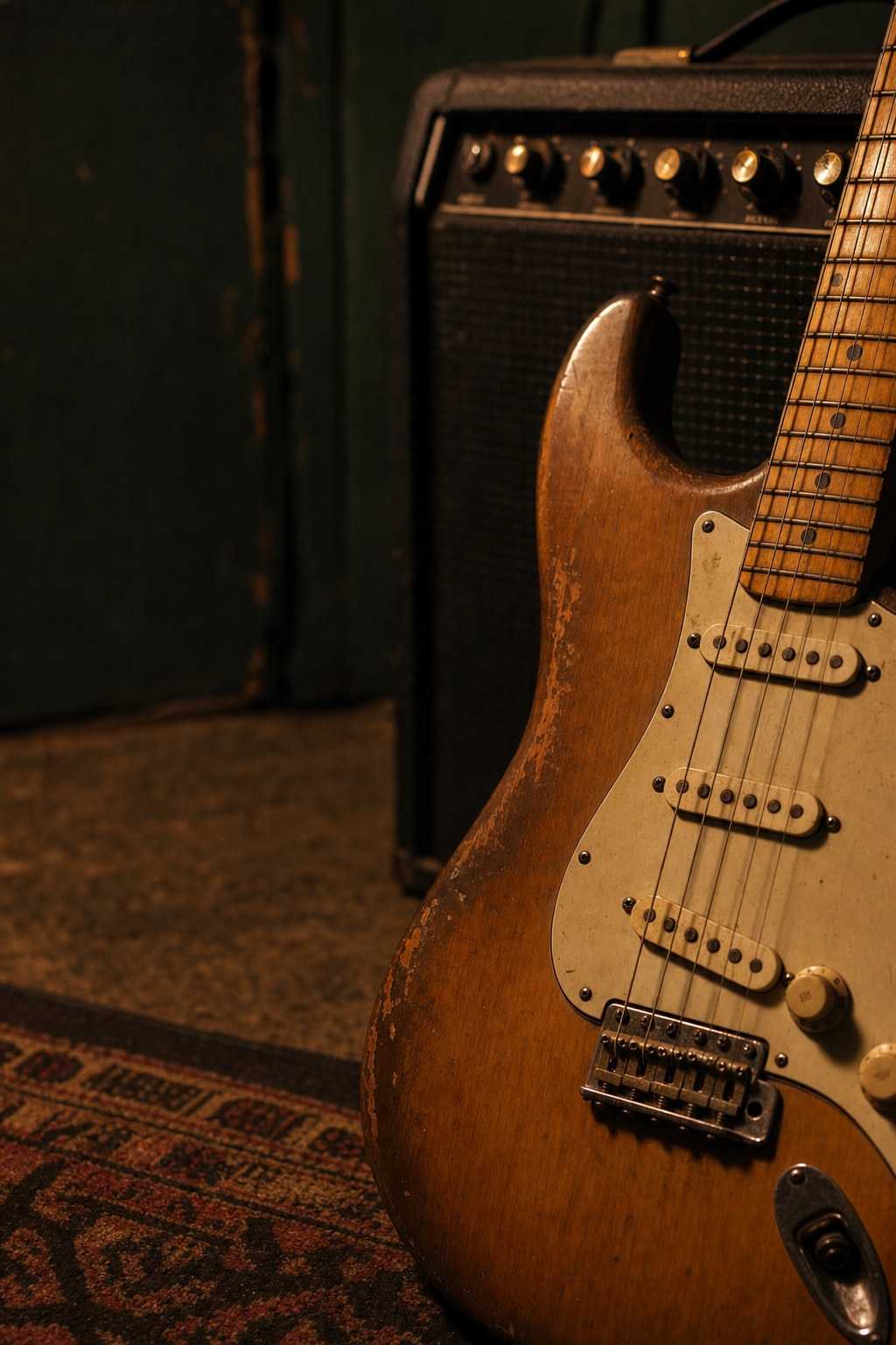 Worn electric guitar beside an amplifier