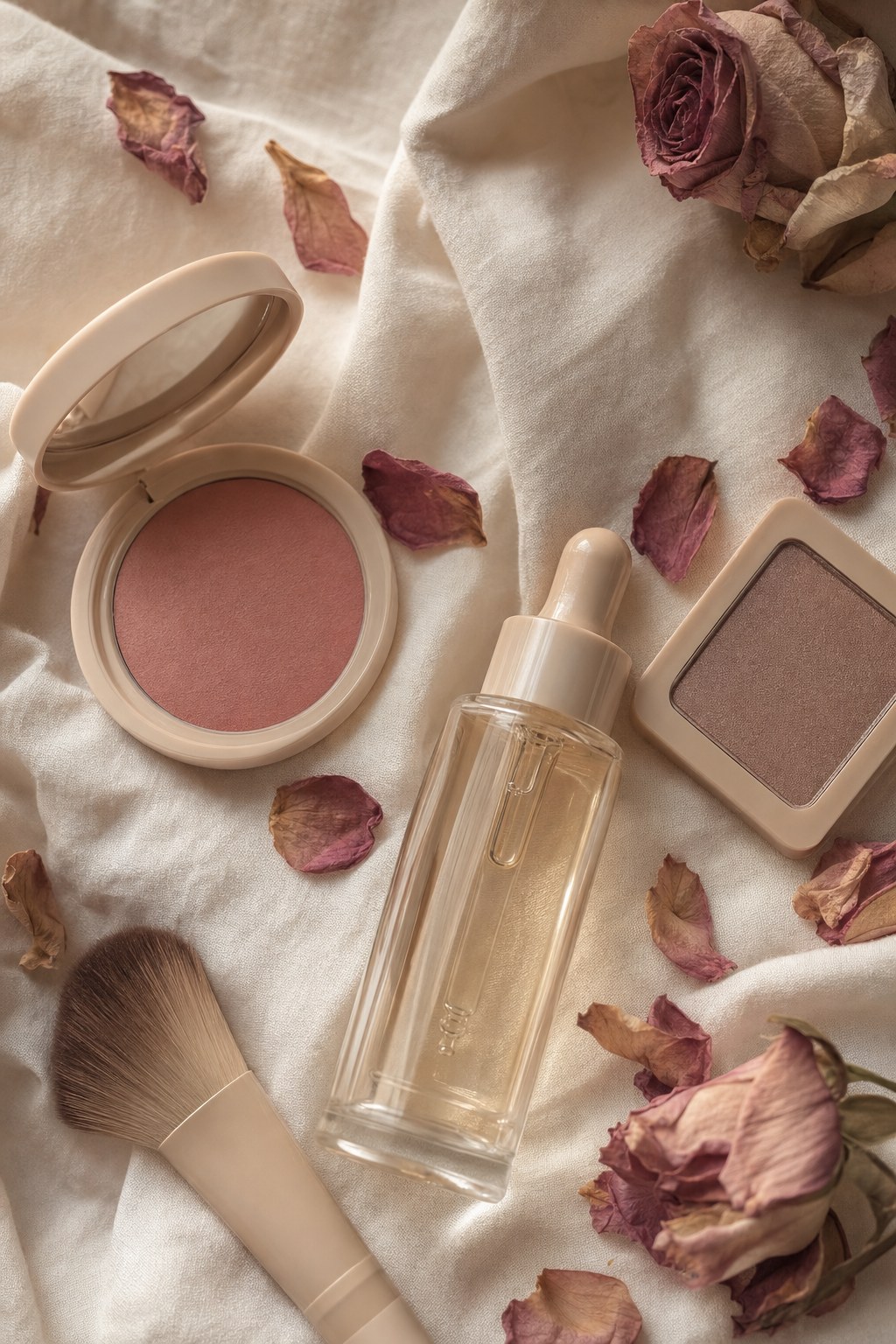 Makeup and beauty objects arranged with rose petals