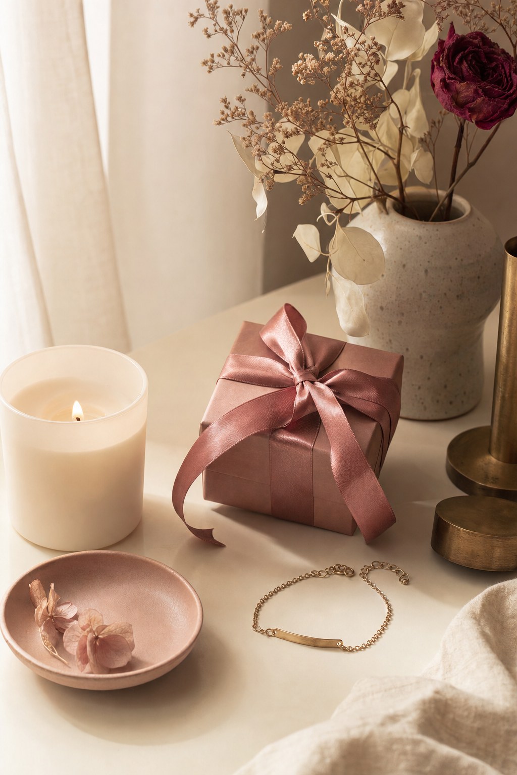 Wrapped gift and candle arranged on a cream table
