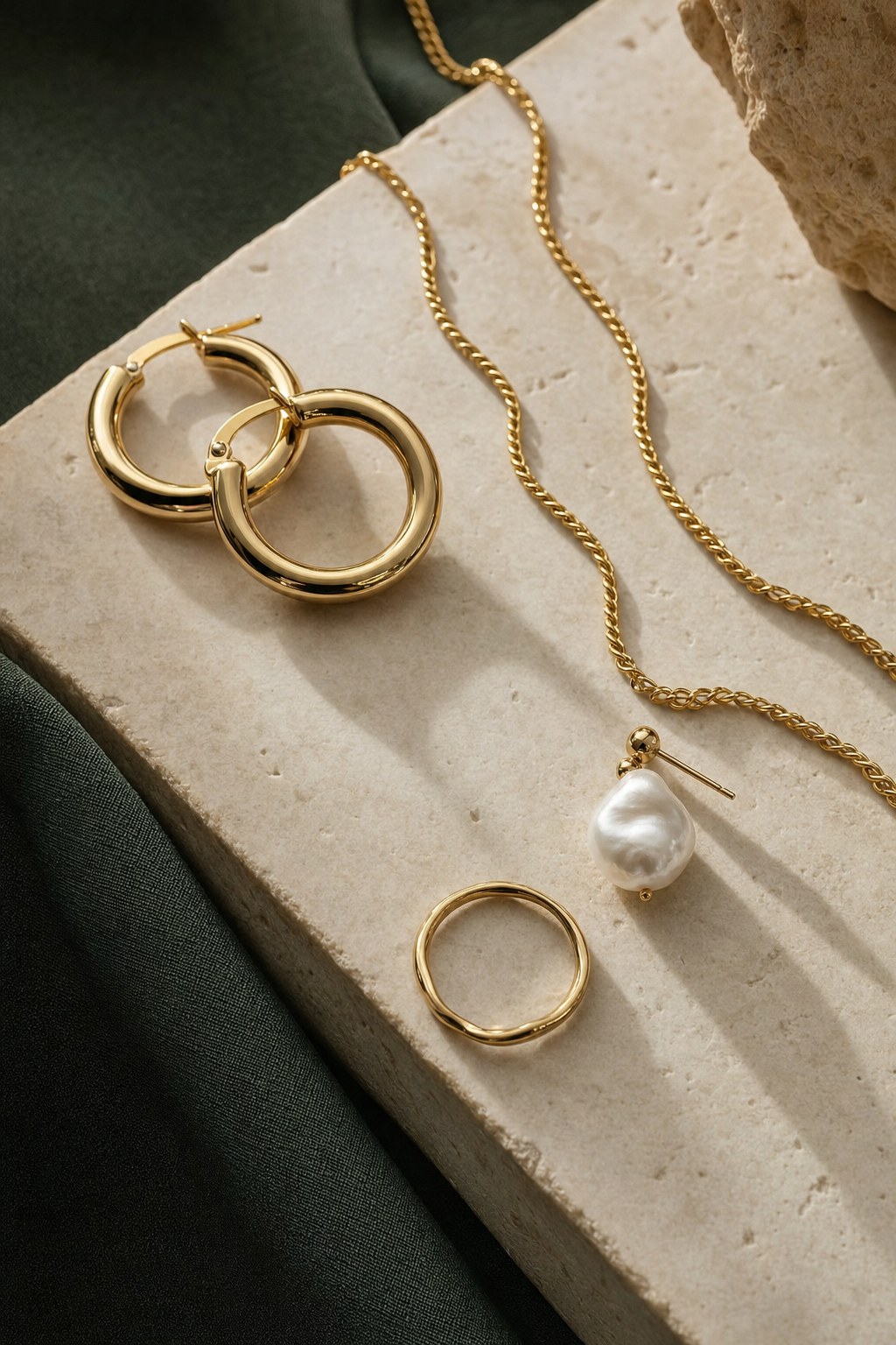 Gold earrings, jewelry, and soft green textile