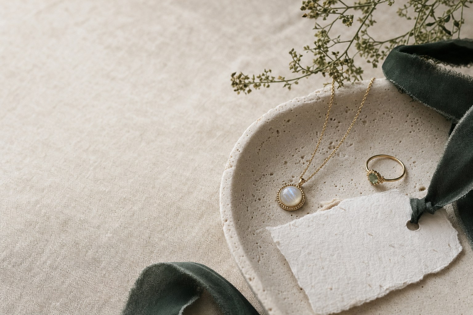 Jewelry and gift objects arranged on a warm linen surface