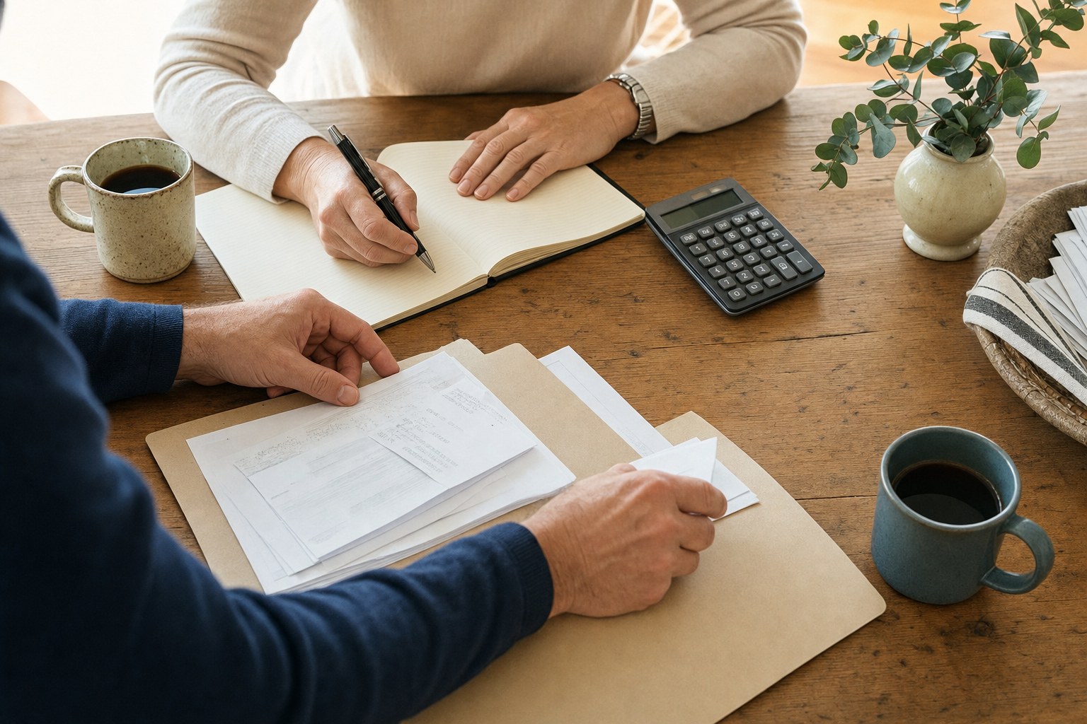 Two people reviewing a household budget at a table