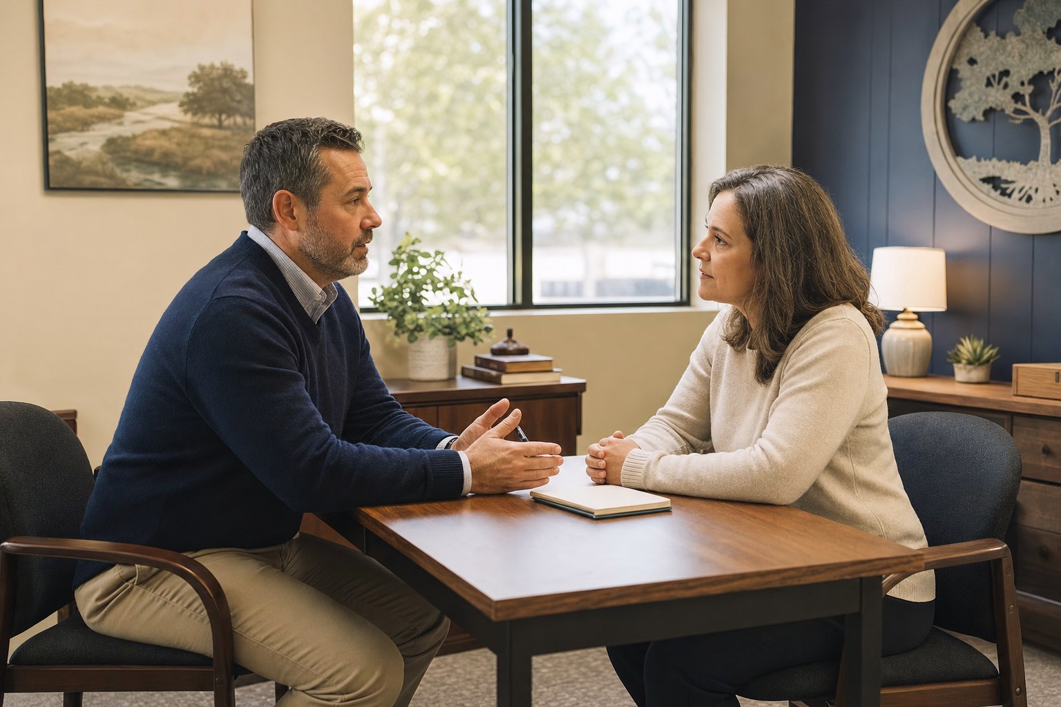 Two adults having a calm conversation across a desk in an office