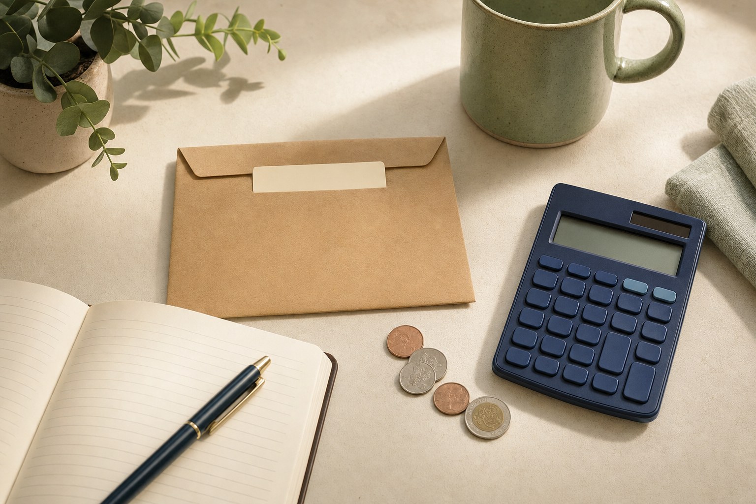 Notebook, calculator, envelope, and coins arranged for household planning