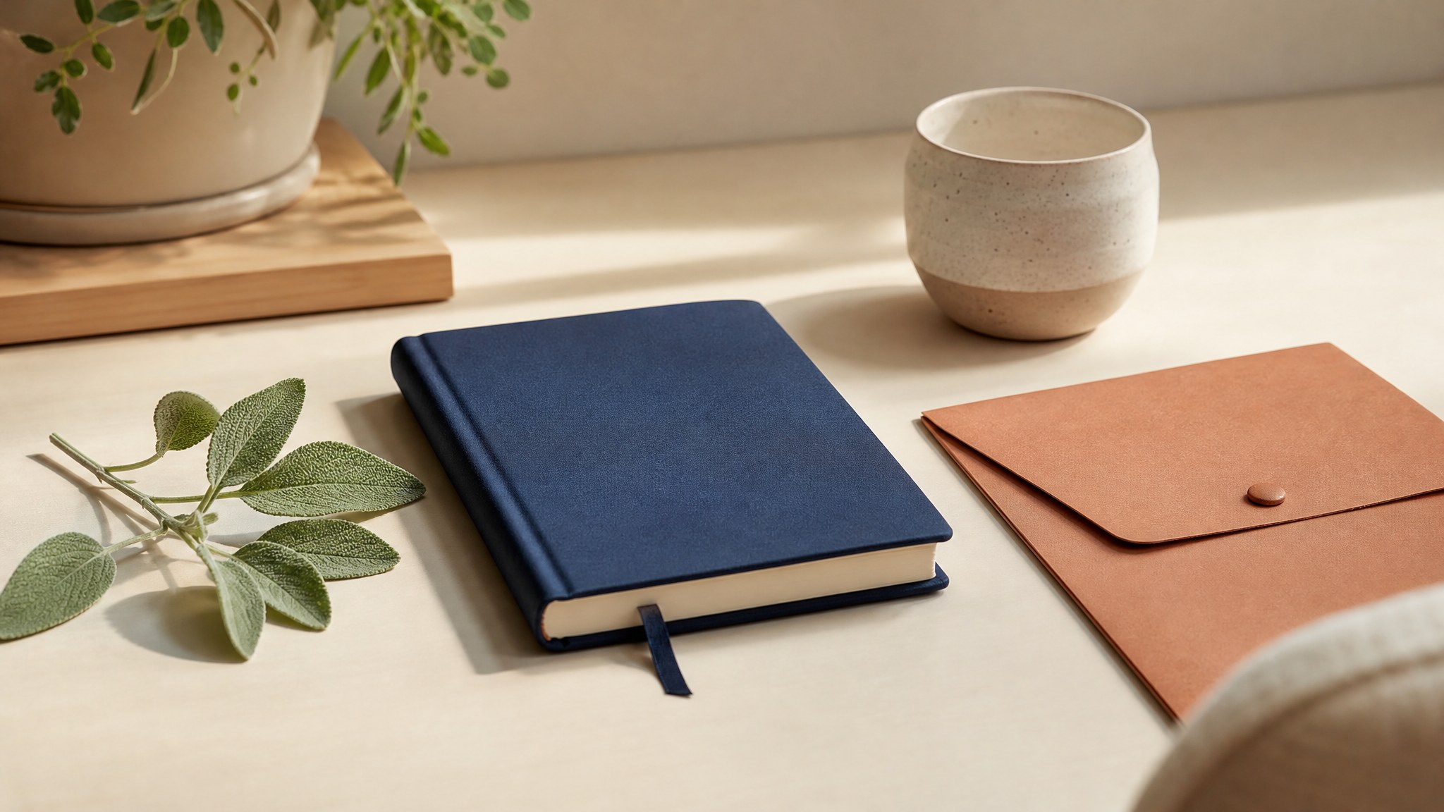 Notebook and folder on a warm ivory desk