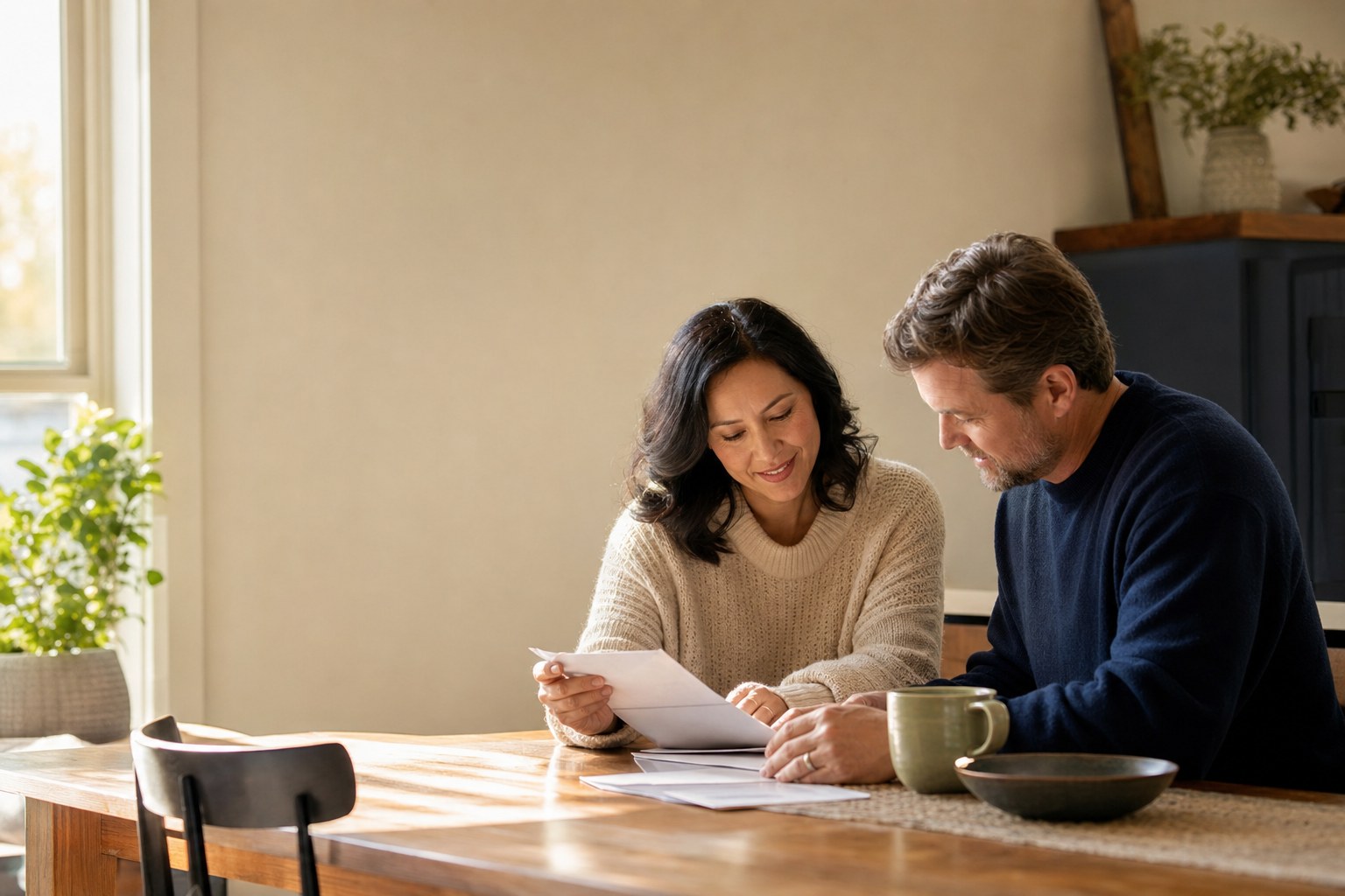 Couple reviewing household papers together at their kitchen table