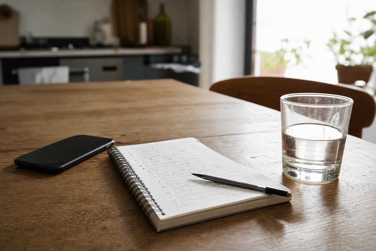 Notebook, phone, and glass of water on a kitchen table