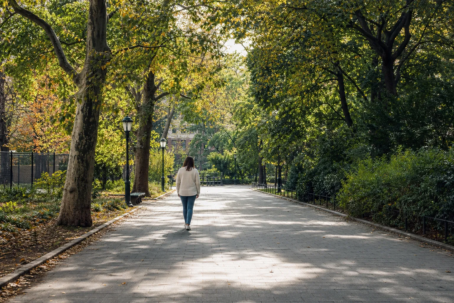 Person walking slowly along a tree-lined park path