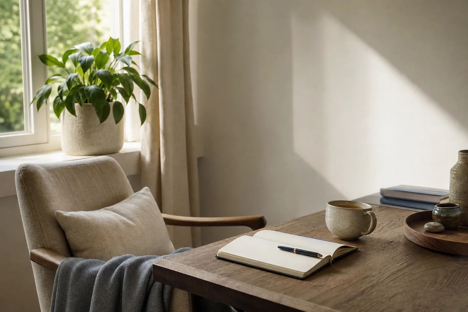 Sunlit chair, journal, and tea in a calm home office