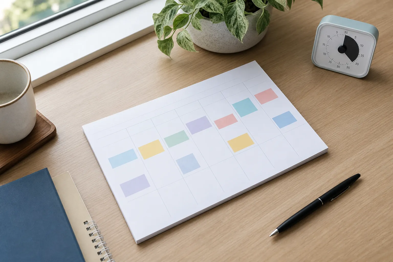 Simple weekly planner with colored blocks and a timer