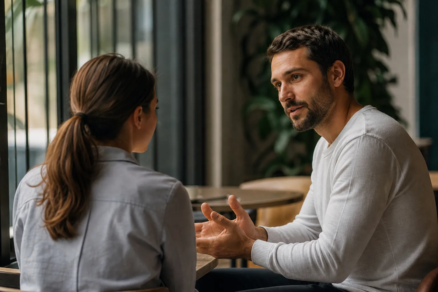 Two colleagues talking respectfully in a quiet office nook