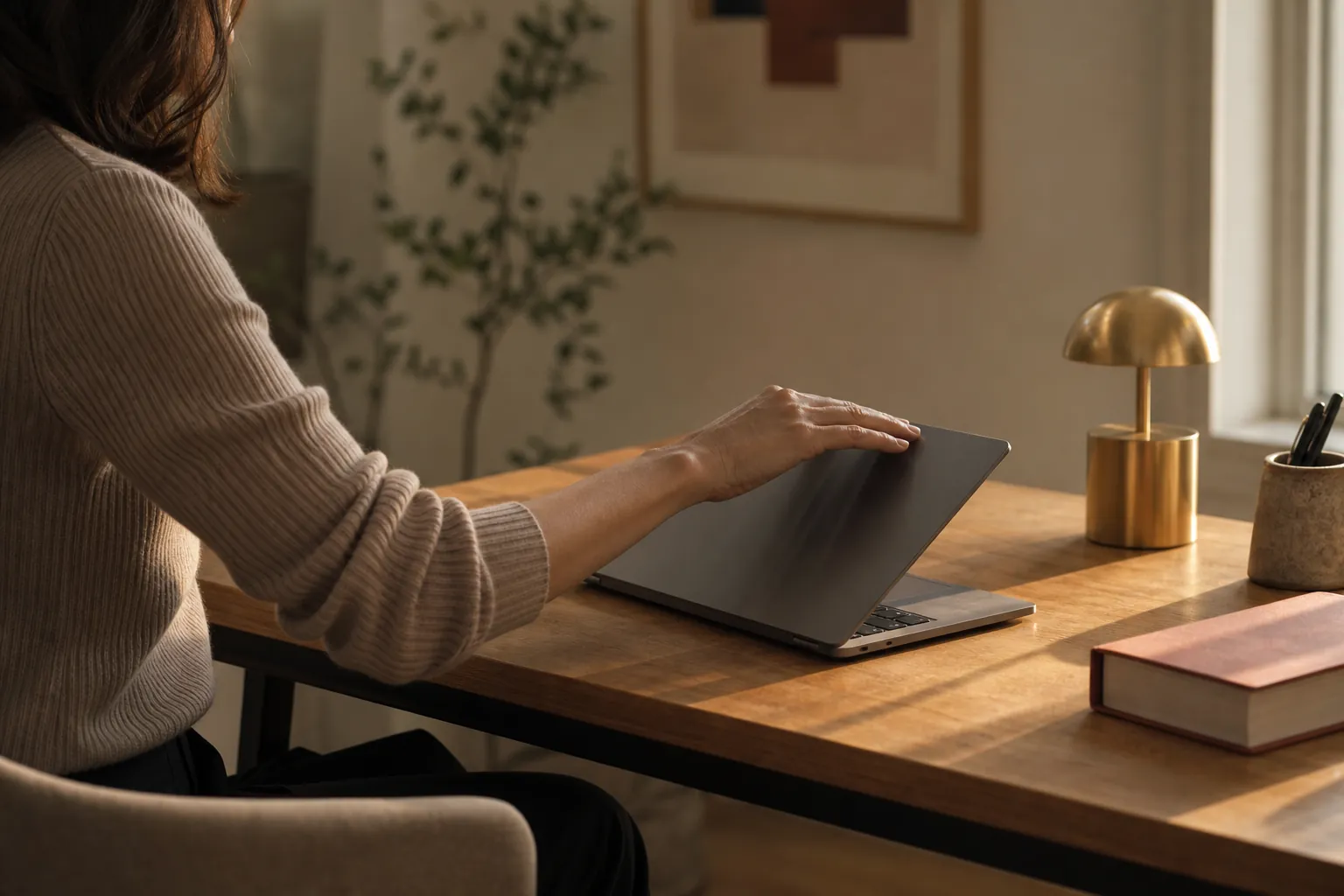 Professional closing a laptop at the end of the workday