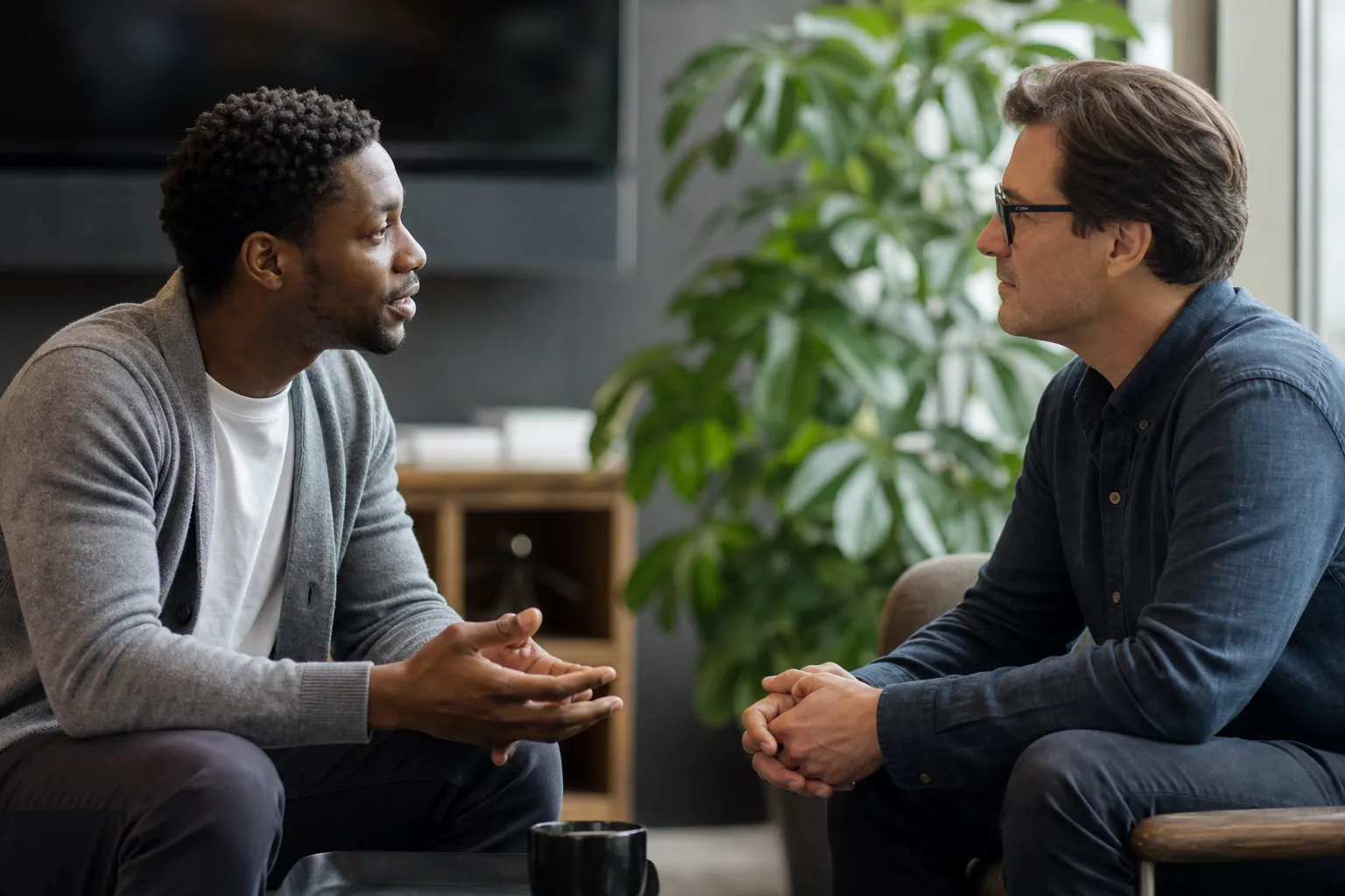Two colleagues having a focused one-to-one conversation
