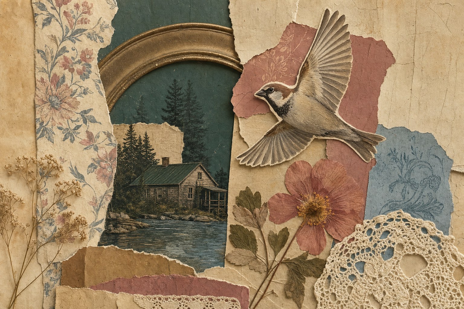 Illustrative collage study with cabin, bird, flowers, and lace