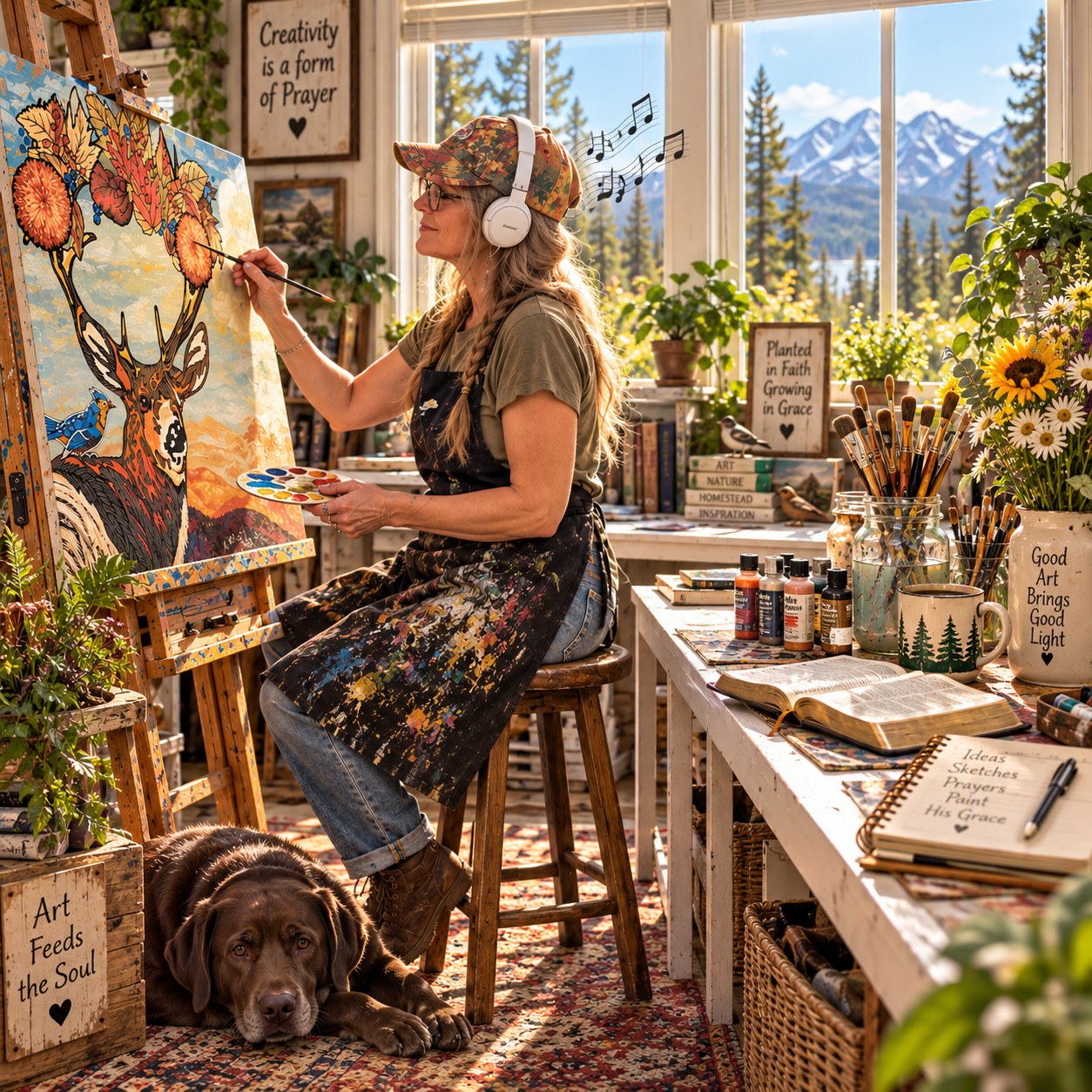 Teri painting a custom canvas in her studio