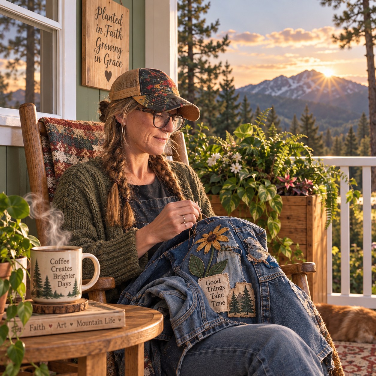 Teri hand-stitching a personalized Memory Jacket on her mountain porch