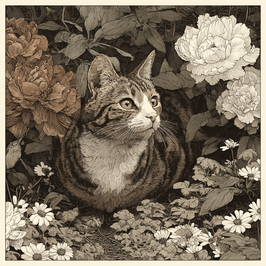 Brown tabby cat and flower garden linocut artwork