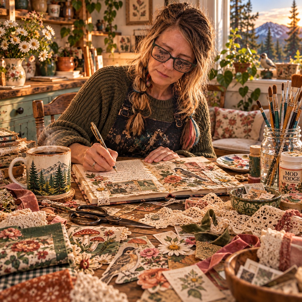 Artist writing in a handmade journal at a flower- and fabric-filled studio table