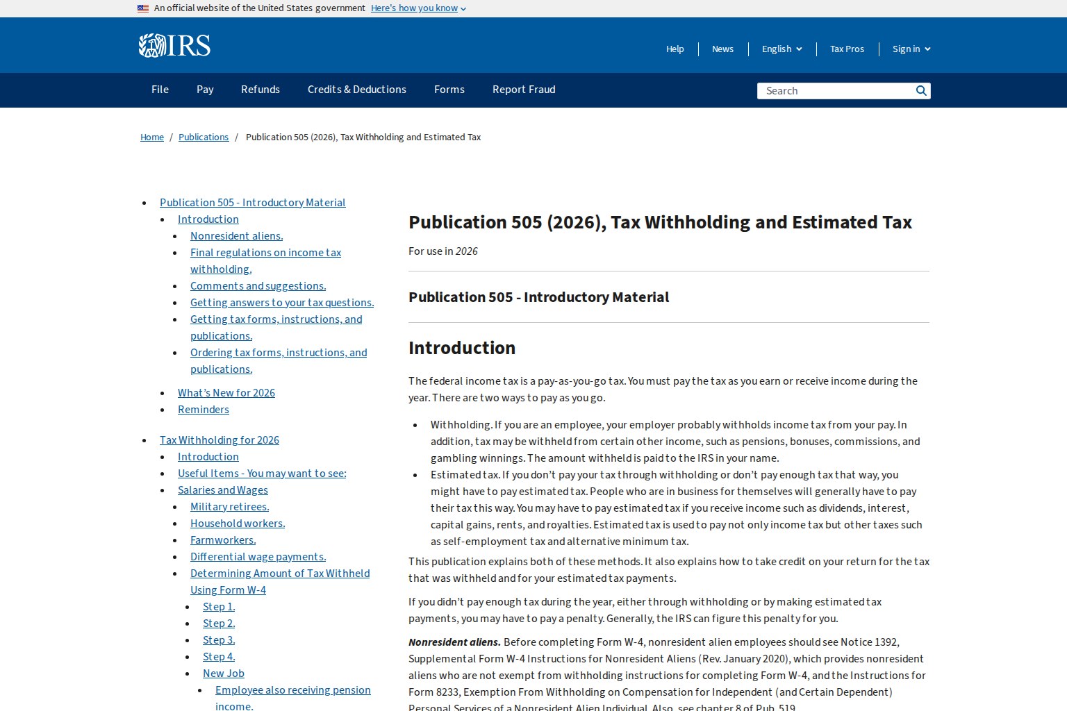 IRS Publication 505 page about tax withholding and estimated tax