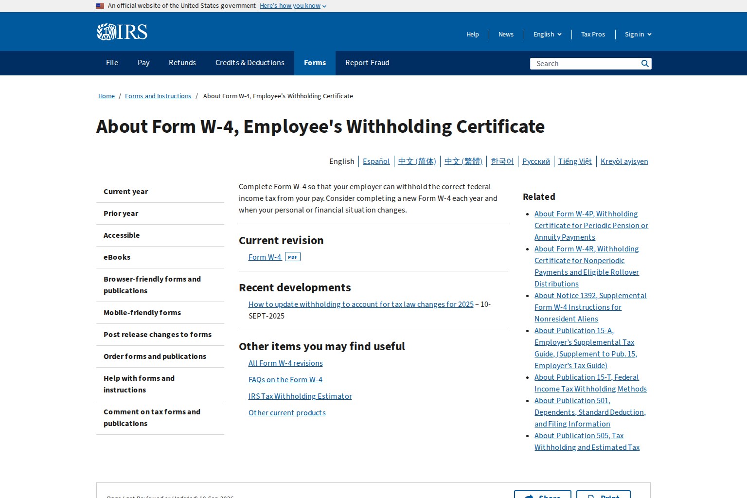 IRS page for Form W-4 instructions and related resources