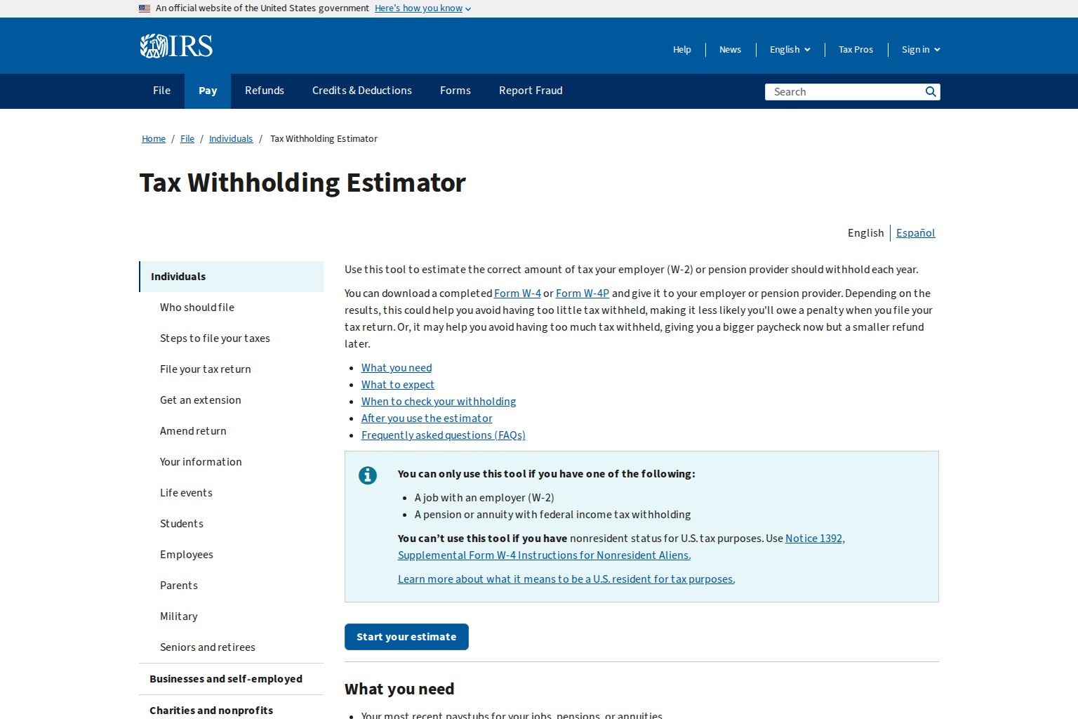 IRS Tax Withholding Estimator page