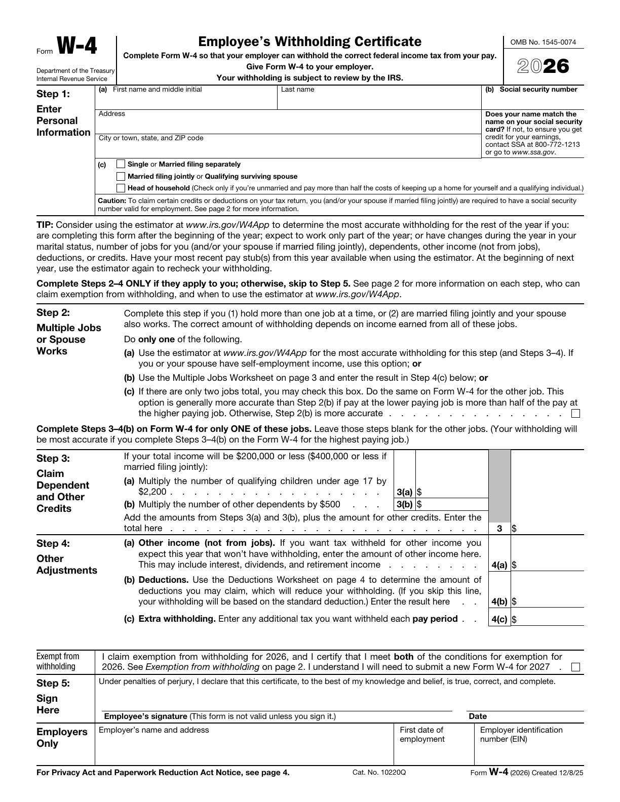 First page of the 2026 IRS Form W-4 Employee's Withholding Certificate