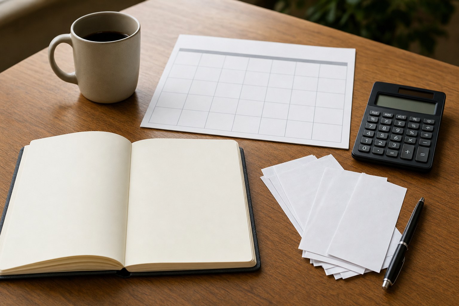 Blank notebook, calendar, calculator, and records arranged on a desk