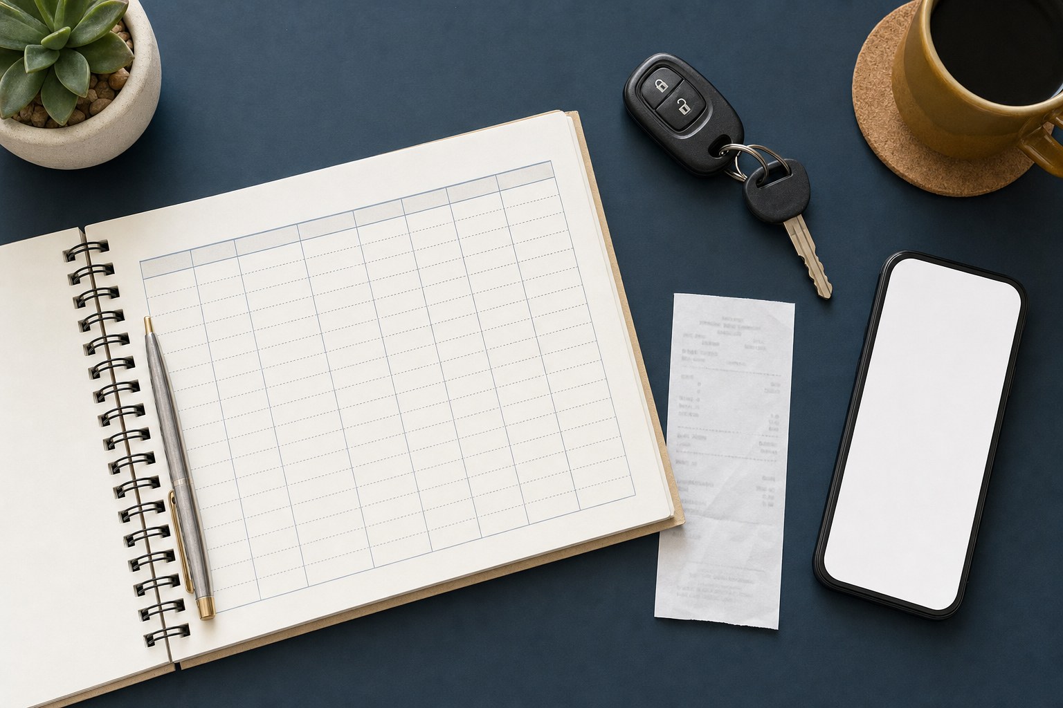 Mileage log, vehicle keys, and receipt organized on a desk
