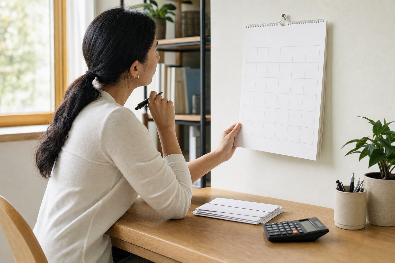 Self-employed professional reviewing a blank calendar beside a calculator