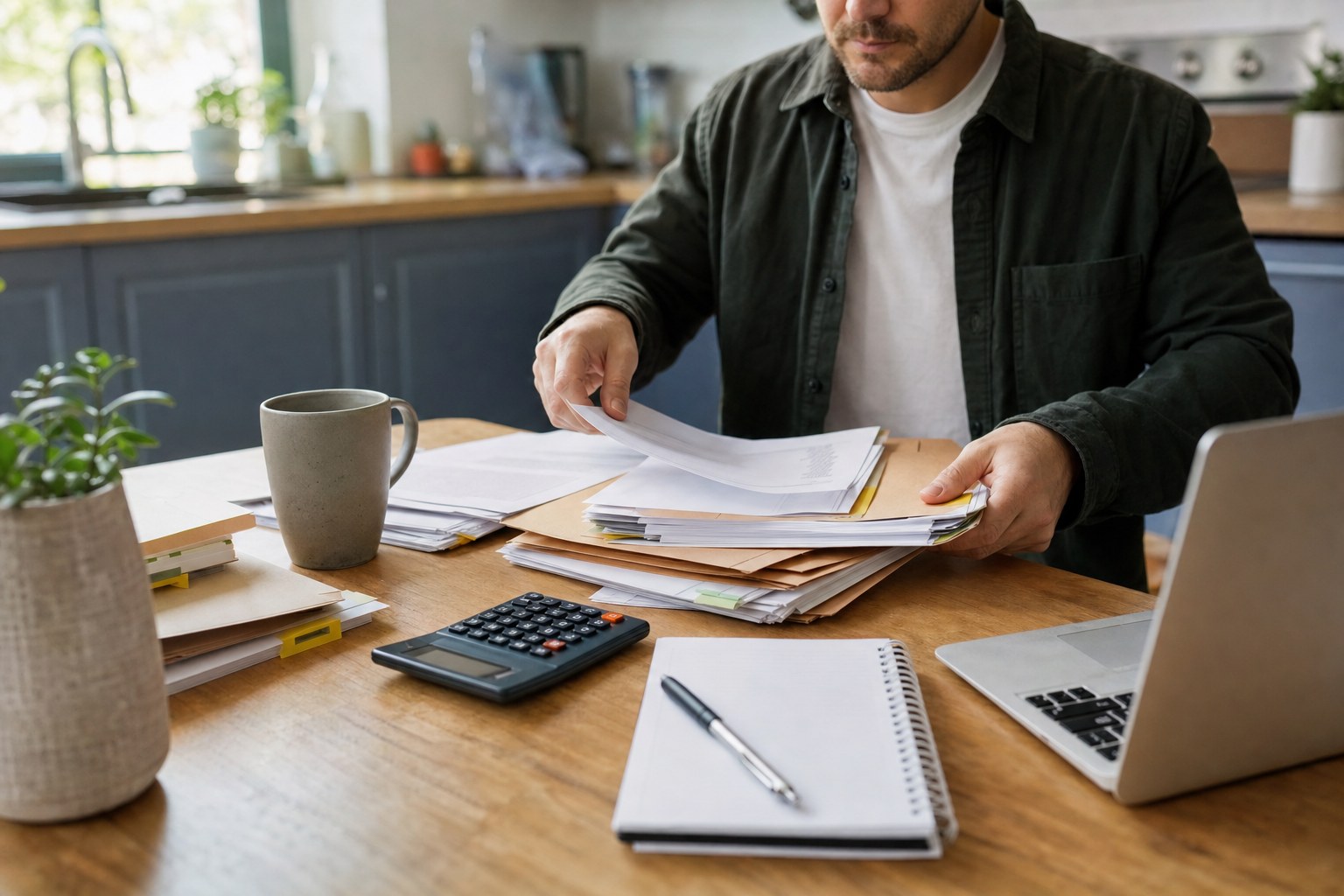 Self-employed professional organizing records at a kitchen table