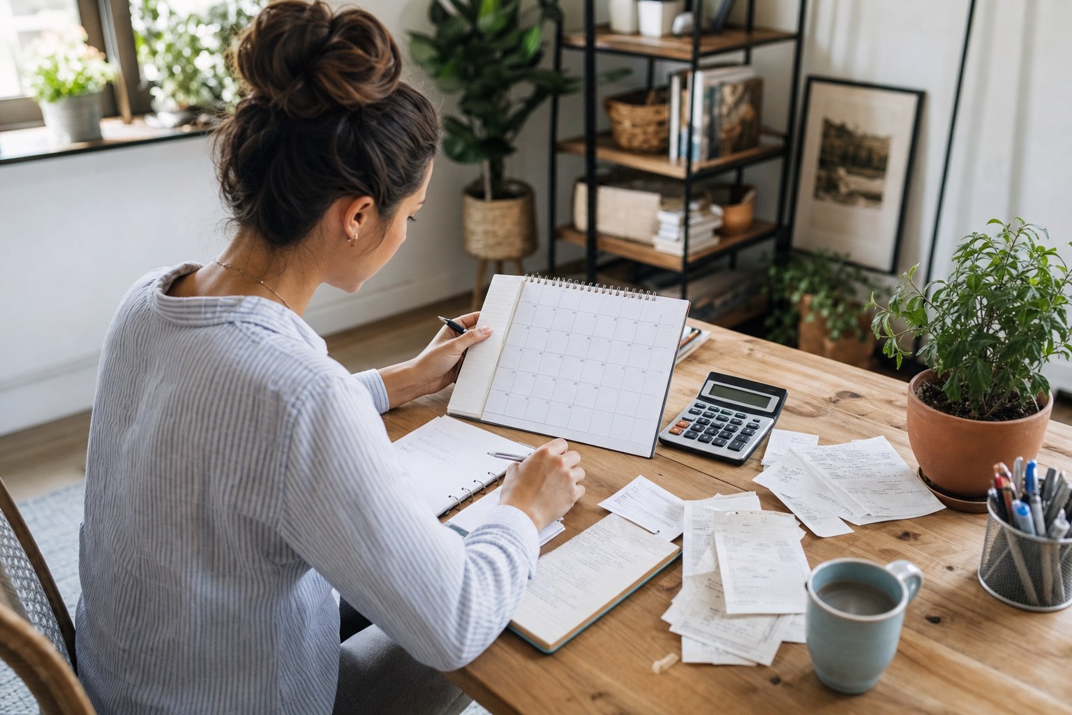 Self-employed professional reviewing a calendar and records for estimated tax planning