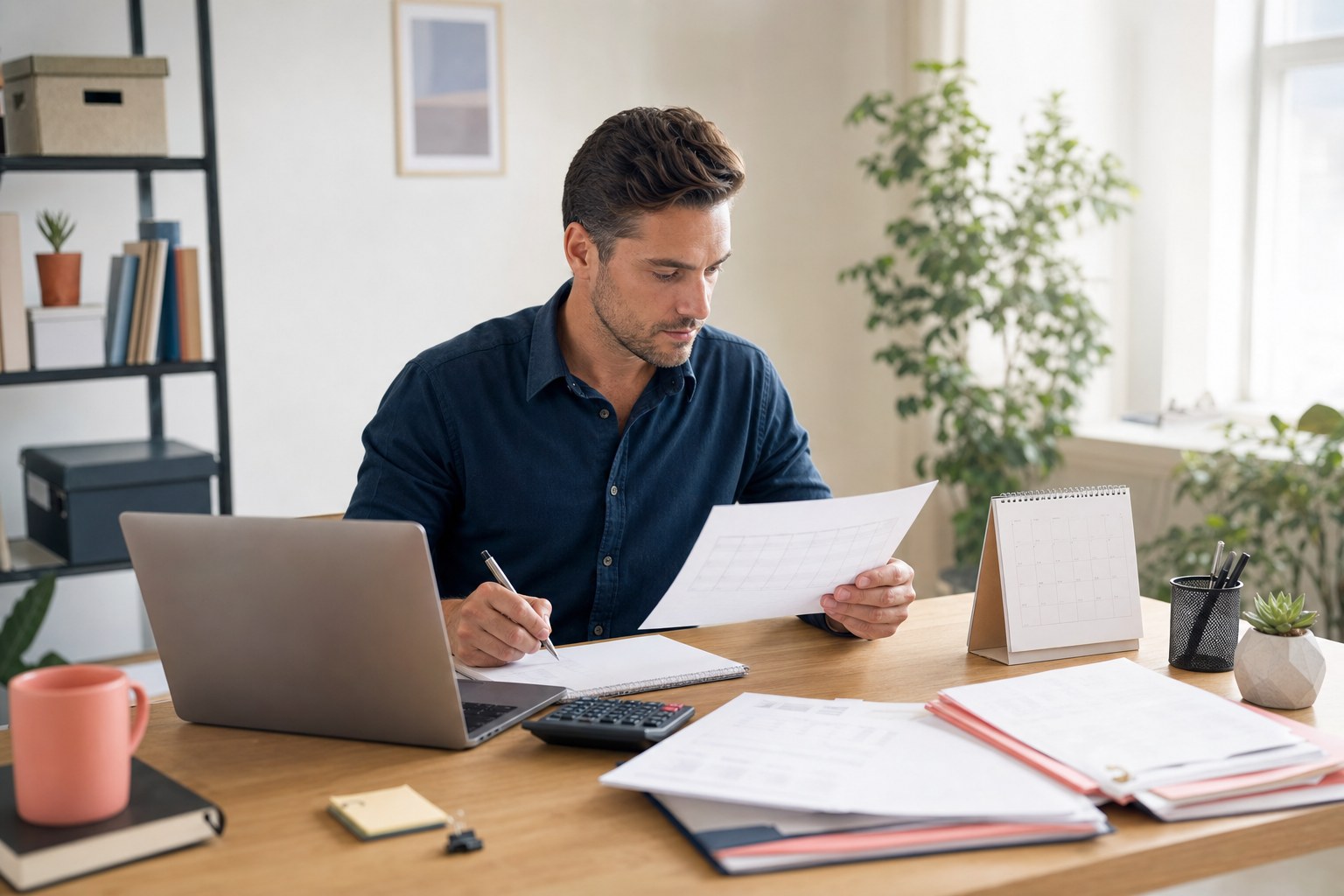 Self-employed business owner reviewing records at a desk
