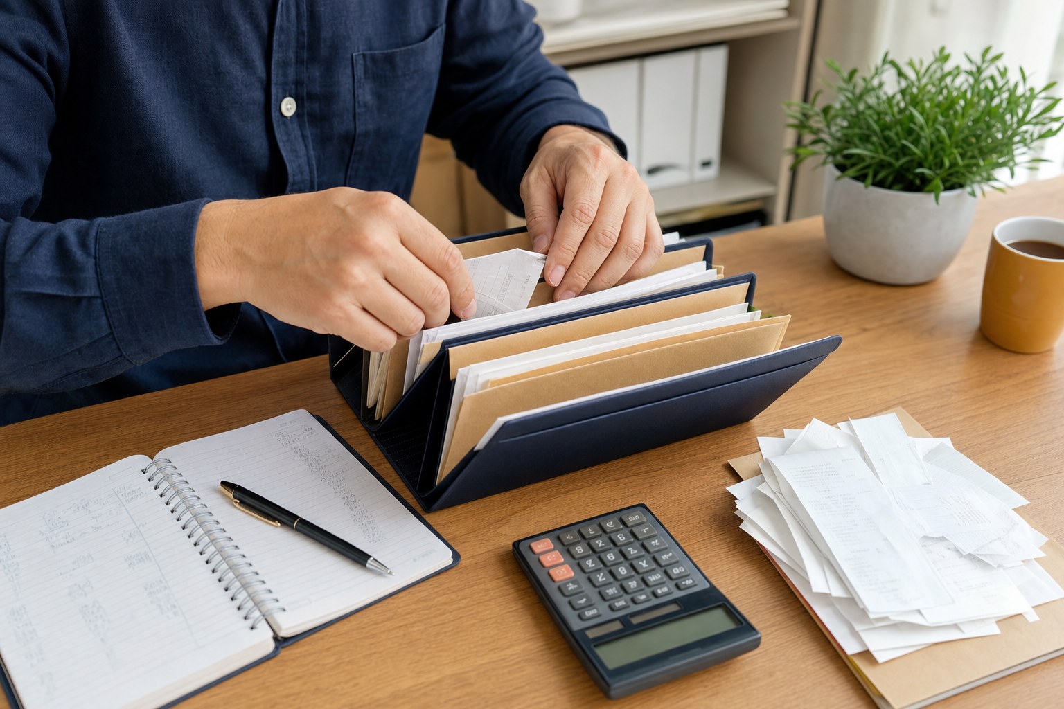 Receipts and business records organized in folders beside a calculator