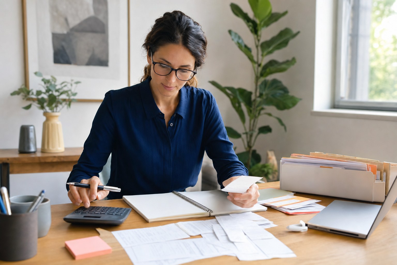 Self-employed professional organizing receipts and records for tax preparation