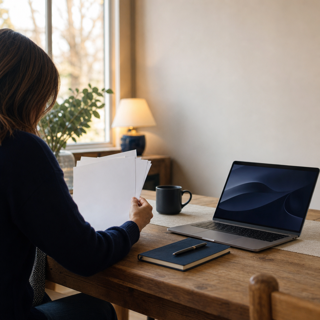 Individual reviewing documents at home with a laptop