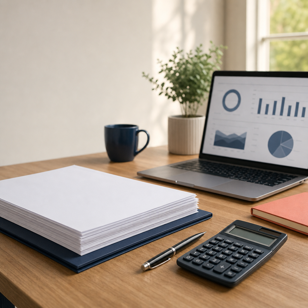 Organized tax preparation workspace with documents, calculator, and laptop