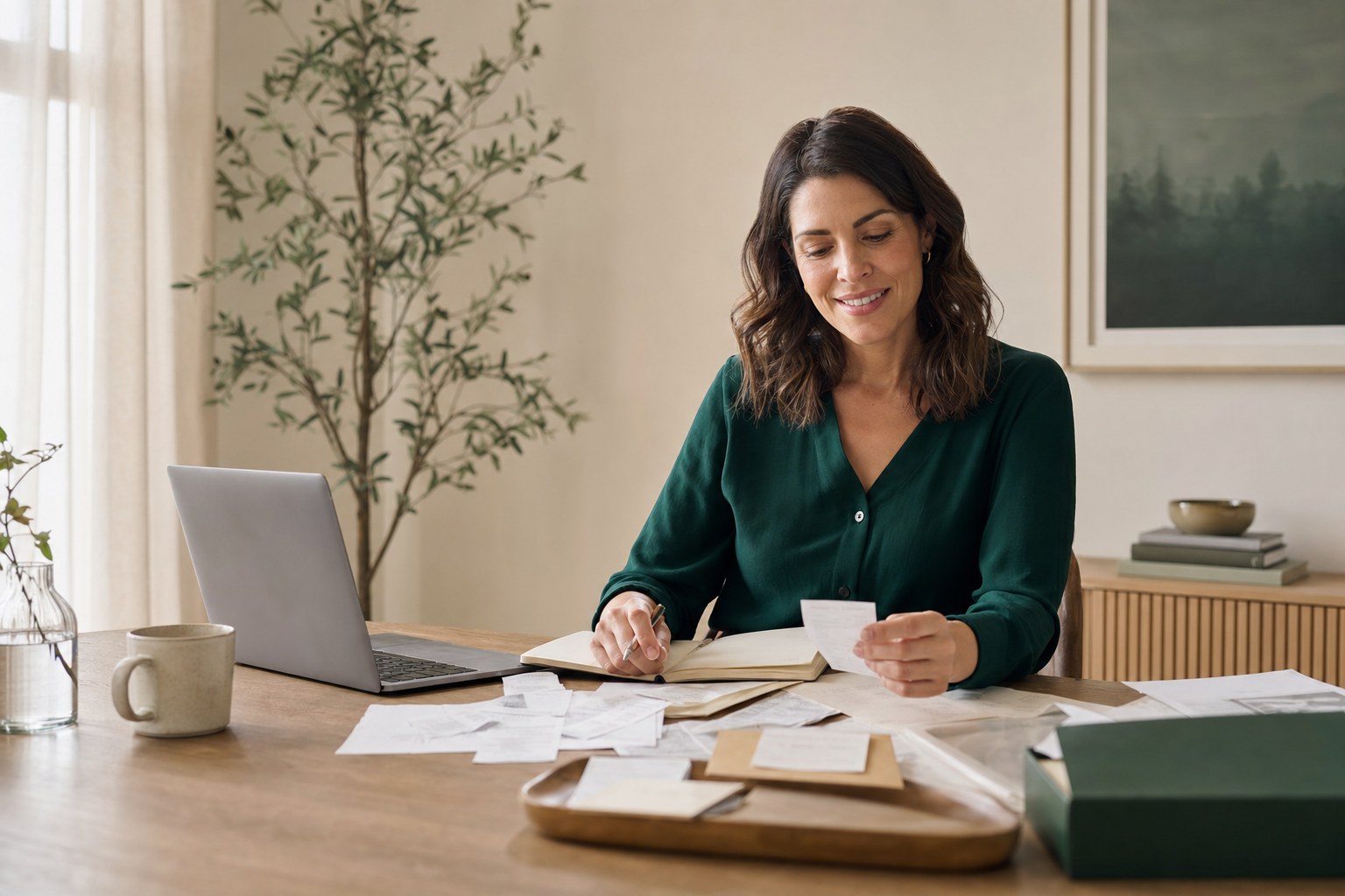Small business owner organizing records at a home office