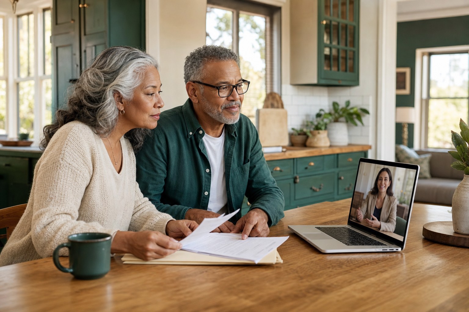 Couple organizing tax documents at home