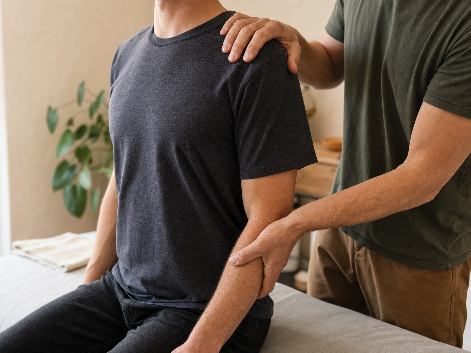 Therapist guiding a gentle shoulder movement assessment