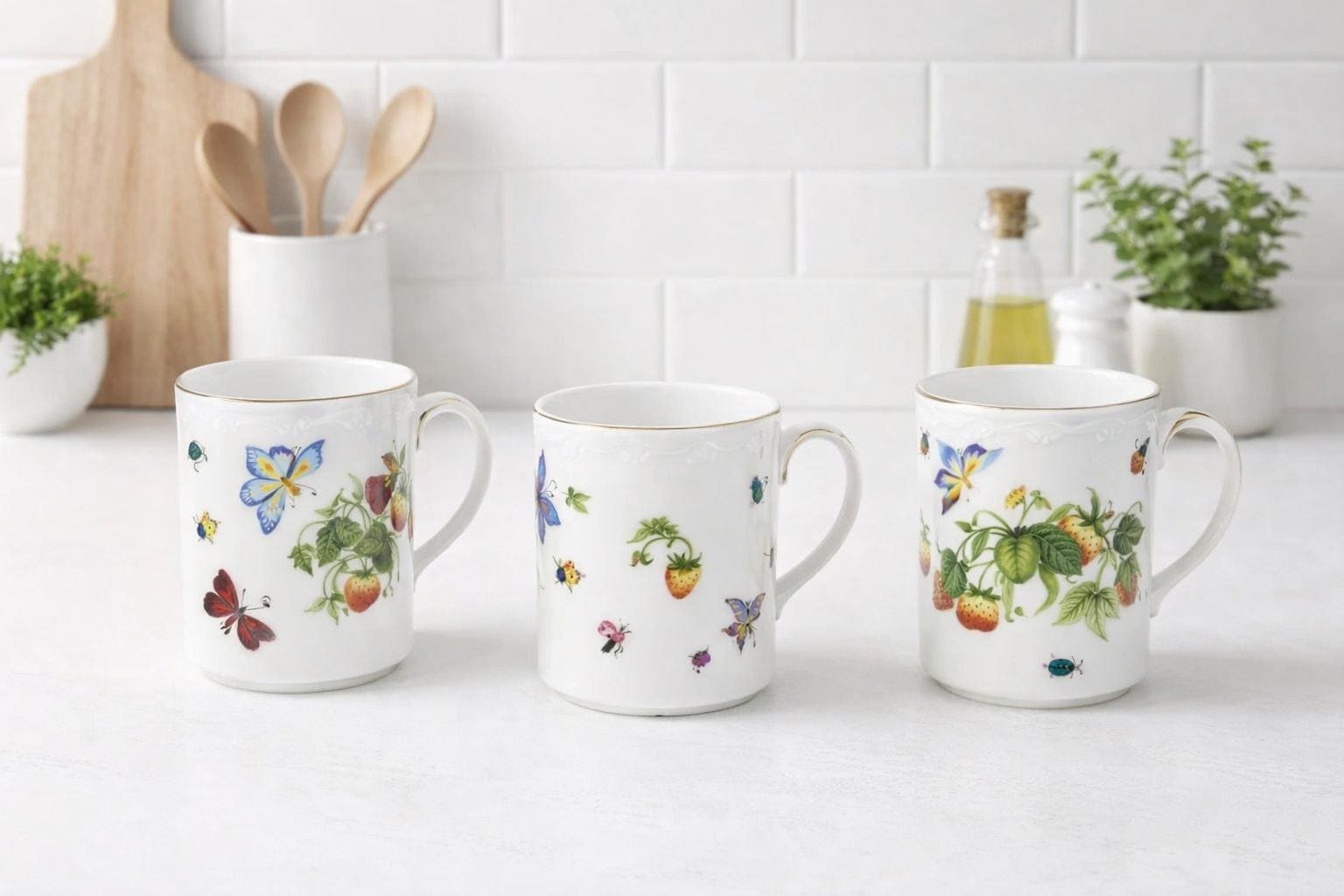 Vintage Linwile Ardalt 6171 Mug with Strawberries, Butterflies & Garden Florals, Porcelain Coffee Cup,, view 2